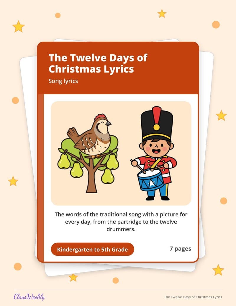 The Twelve Days of Christmas Lyrics - 3rd Grade Holiday Activities printable preview