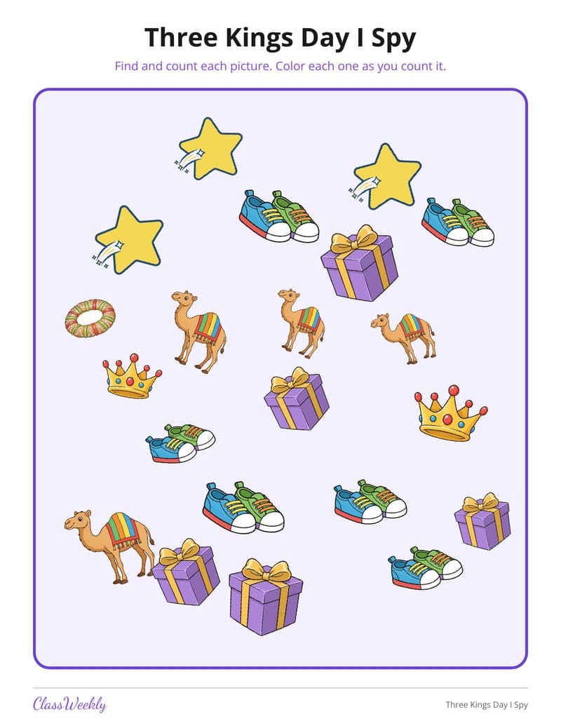 Three Kings Day I Spy - Kindergarten Holiday Activities printable preview