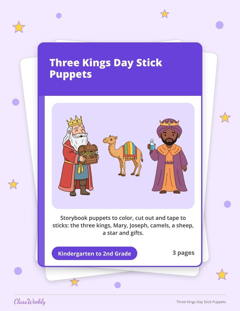 Three Kings Day Stick Puppets - 2nd Grade Holiday Activities printable preview
