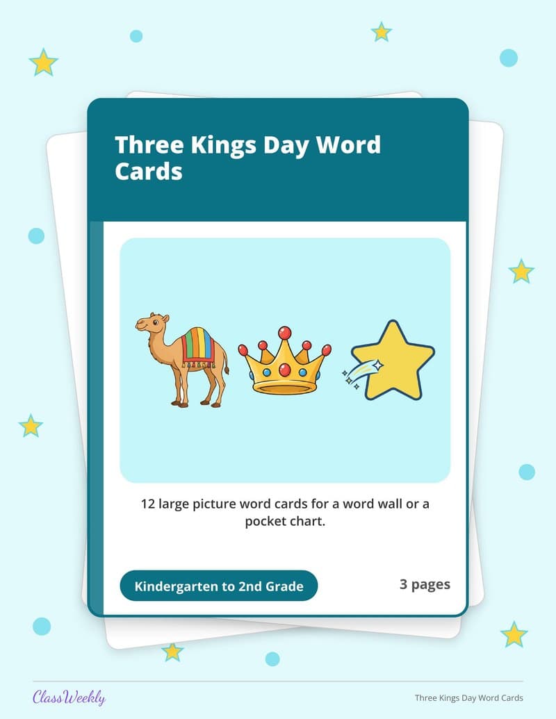 Three Kings Day Word Cards - 2nd Grade Holiday Activities printable preview