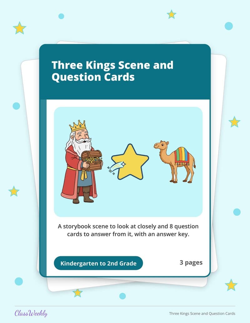 Three Kings Scene and Question Cards - 2nd Grade Holiday Activities printable preview