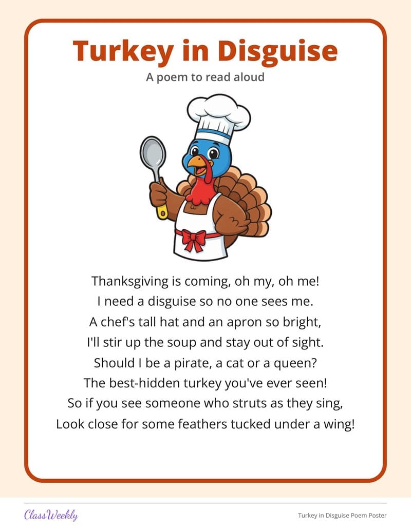 Turkey in Disguise Poem Poster - 2nd Grade Holiday Activities printable preview