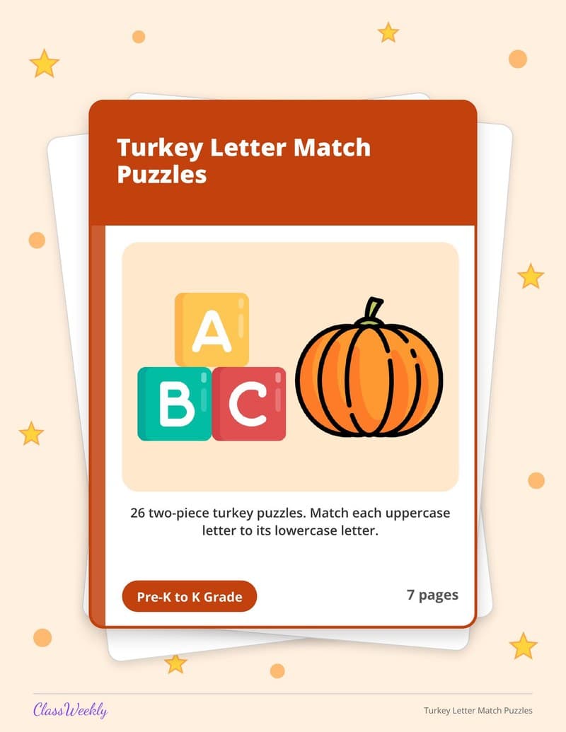 Turkey Letter Match Puzzles - Kindergarten Holiday Activities printable preview