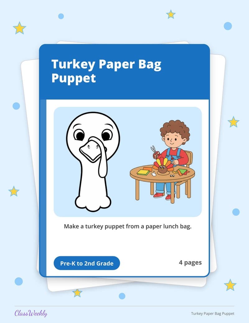 Turkey Paper Bag Puppet - 2nd Grade Holiday Activities printable preview