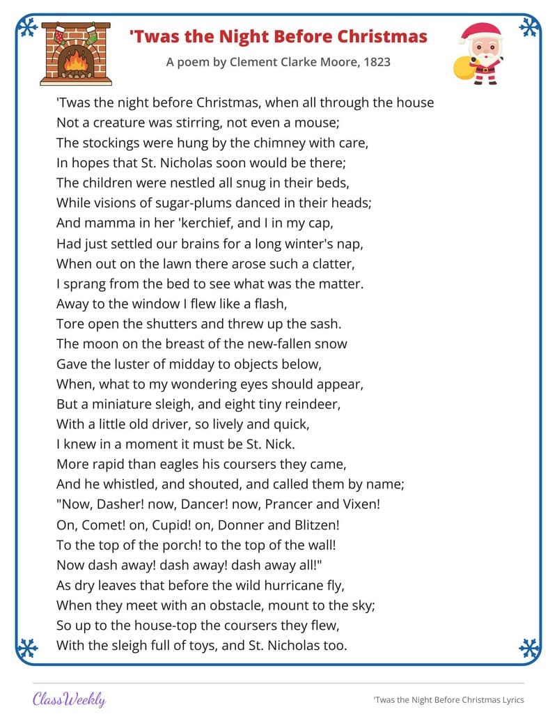 'Twas the Night Before Christmas Lyrics - Kindergarten Holiday Activities printable preview