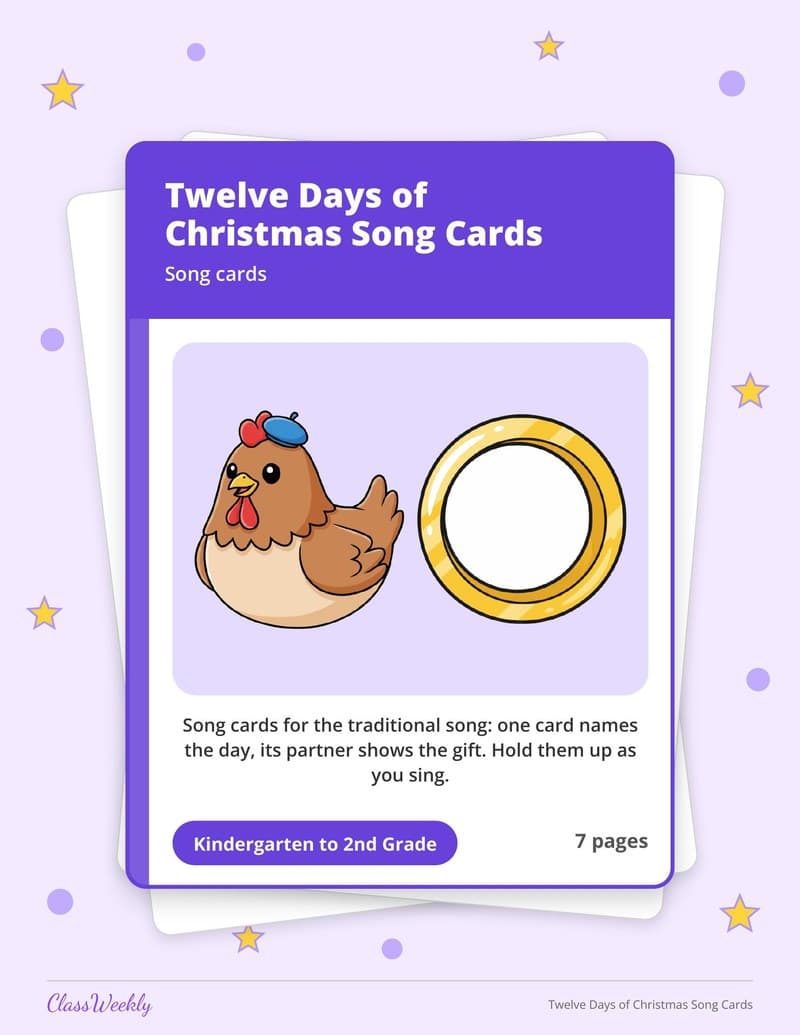 Twelve Days of Christmas Song Cards - 2nd Grade Holiday Activities printable preview