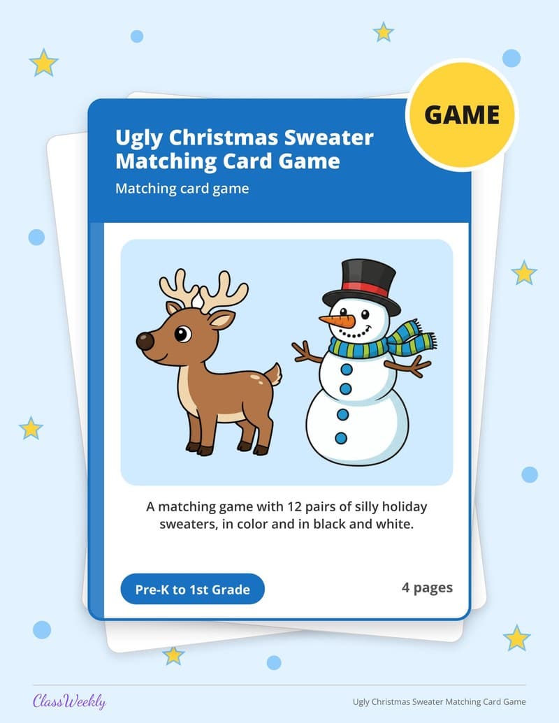 Ugly Christmas Sweater Matching Card Game - Kindergarten Holiday Activities printable preview
