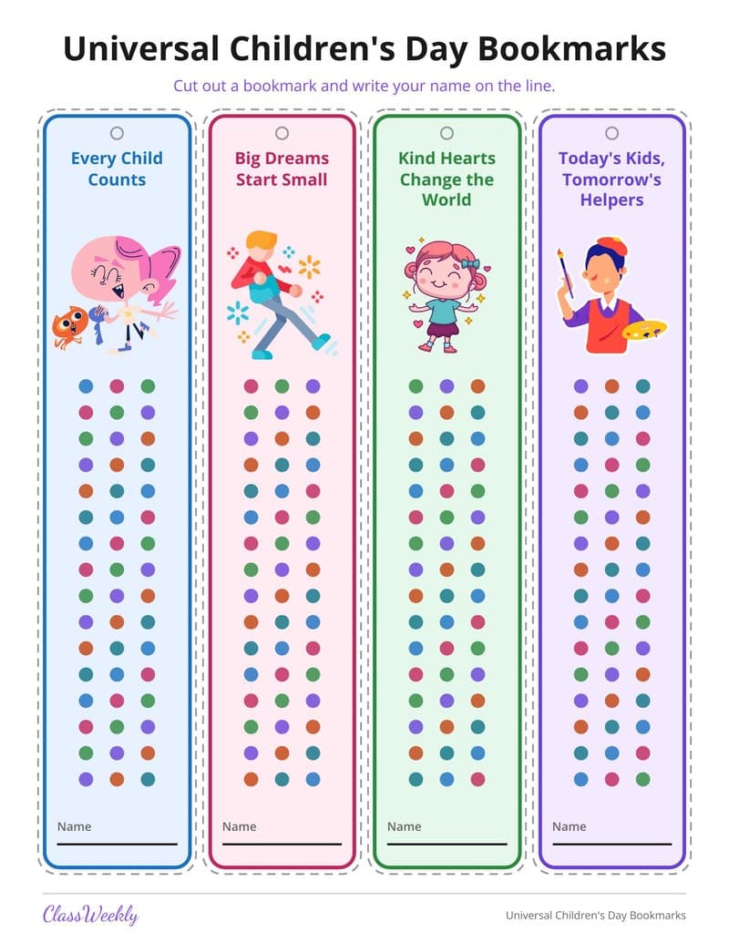 Universal Children's Day Bookmarks - 2nd Grade Holiday Activities printable preview