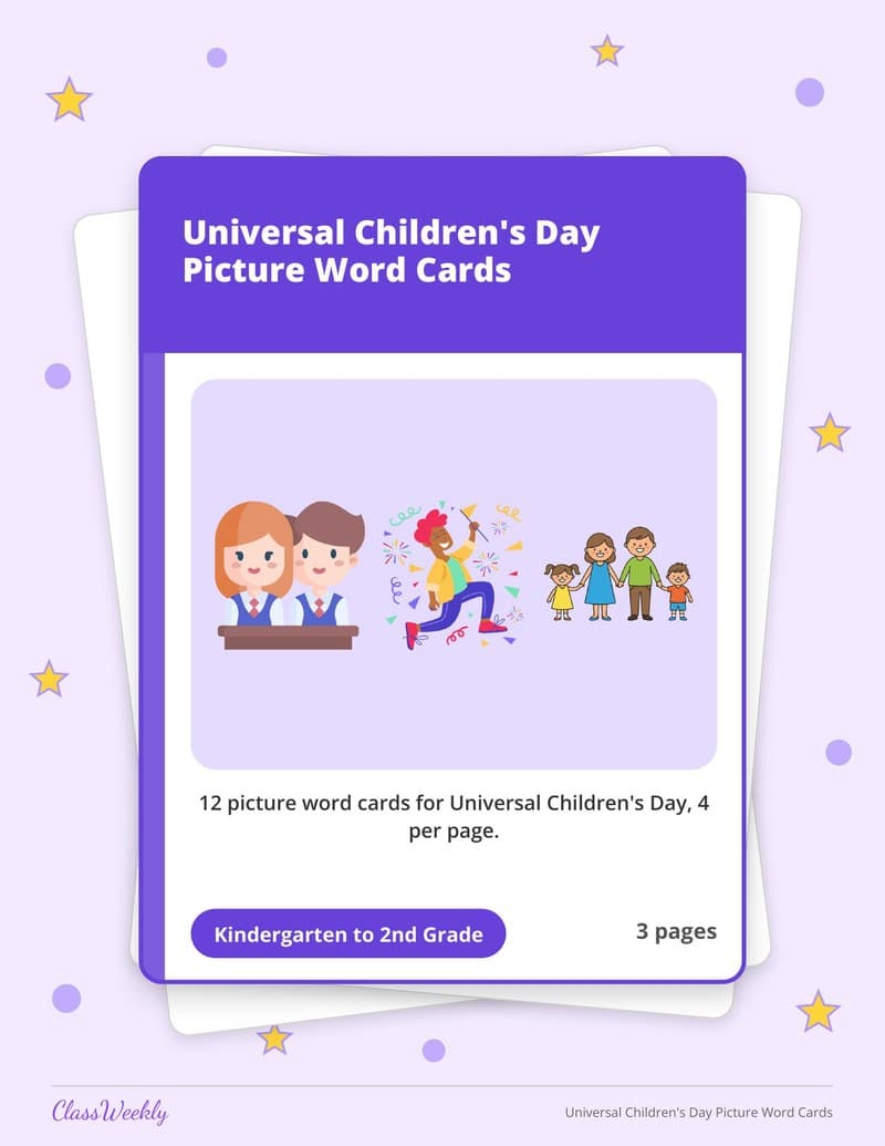 Universal Children's Day Picture Word Cards - Kindergarten Holiday Activities printable preview