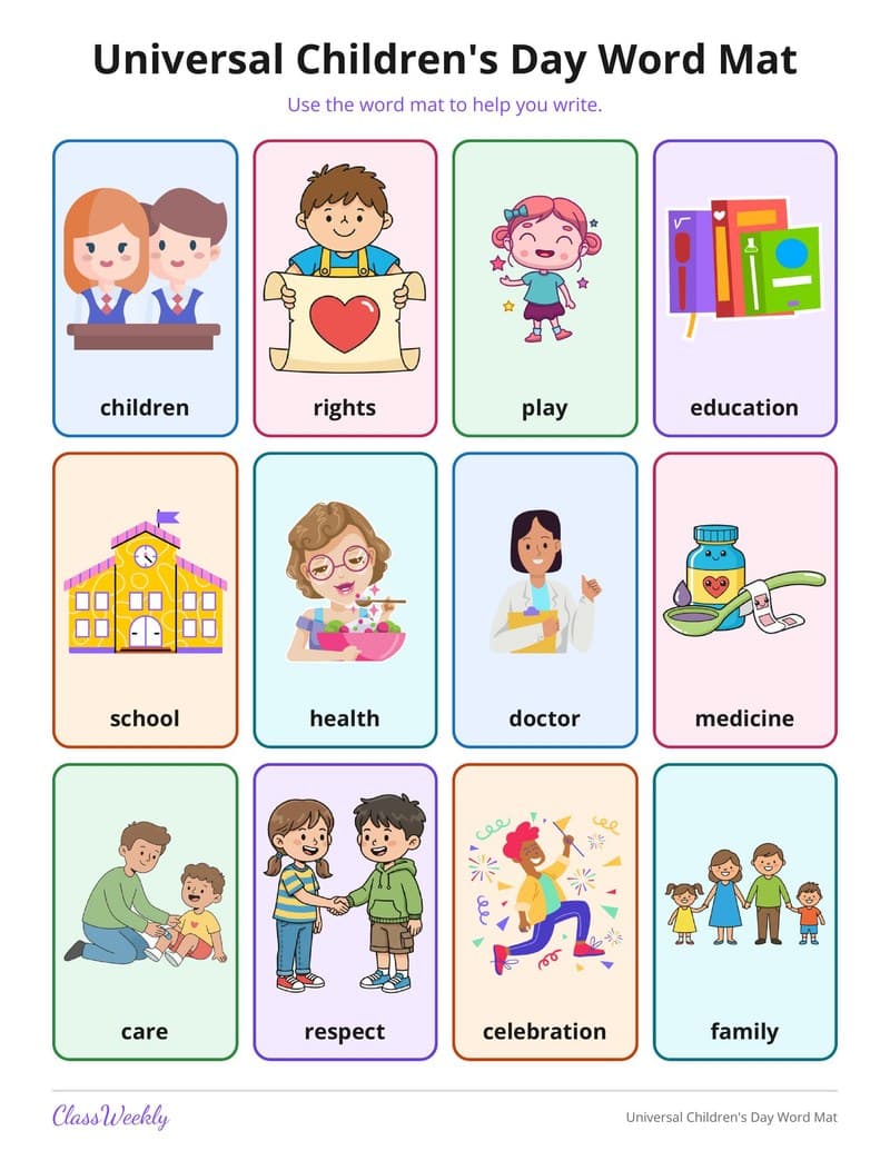 Universal Children's Day Word Mat - 2nd Grade Holiday Activities printable preview