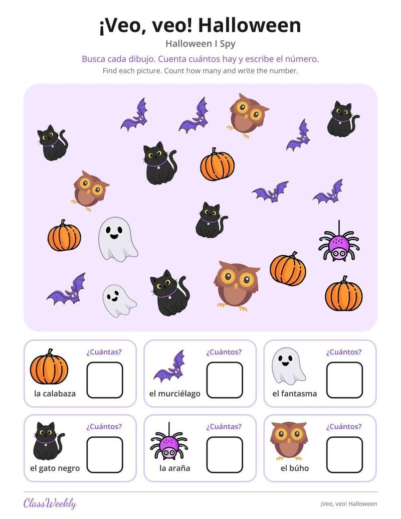 ¡Veo, veo! Spanish Halloween I Spy - Kindergarten worksheet preview