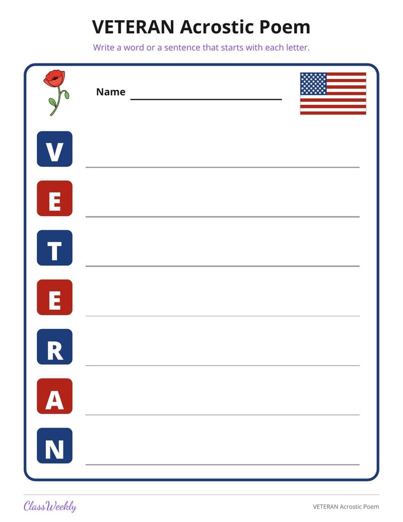 VETERAN Acrostic Poem - 2nd Grade Holiday Activities printable preview