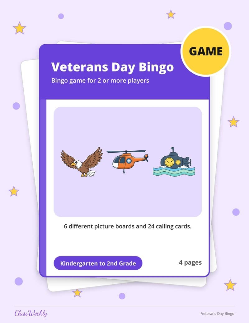 Veterans Day Bingo - 2nd Grade Holiday Activities printable preview