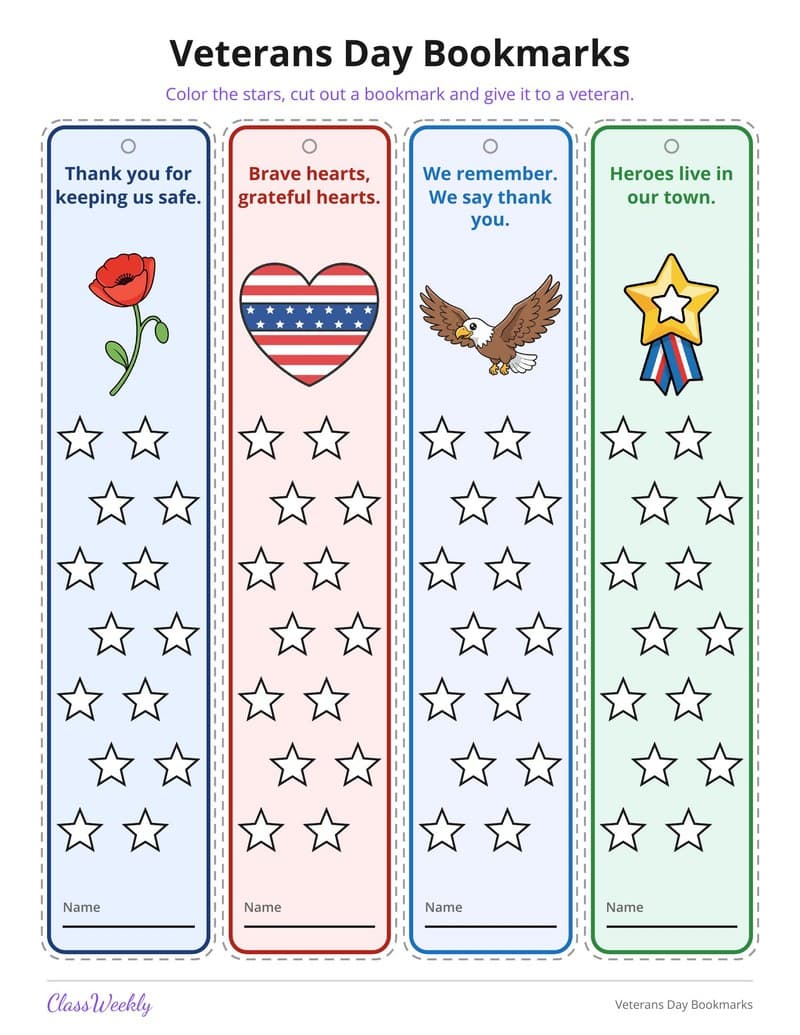 Veterans Day Bookmarks - 2nd Grade Holiday Activities printable preview