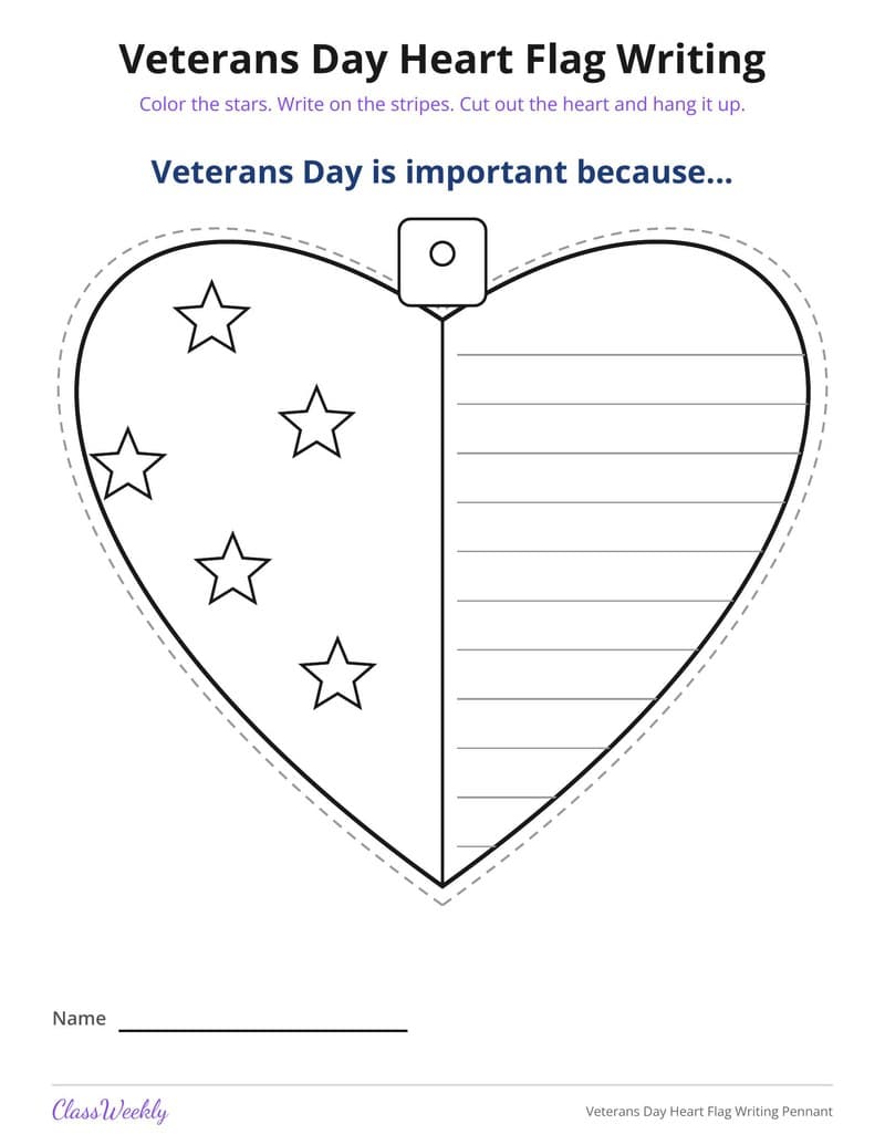 Veterans Day Heart Flag Writing Pennant - 3rd Grade Holiday Activities printable preview