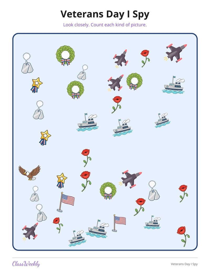 Veterans Day I Spy - 2nd Grade Holiday Activities printable preview