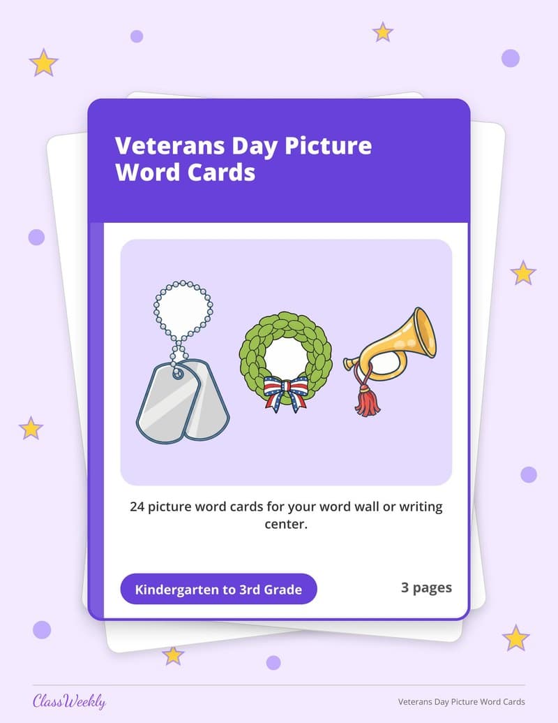 Veterans Day Picture Word Cards - 2nd Grade Holiday Activities printable preview