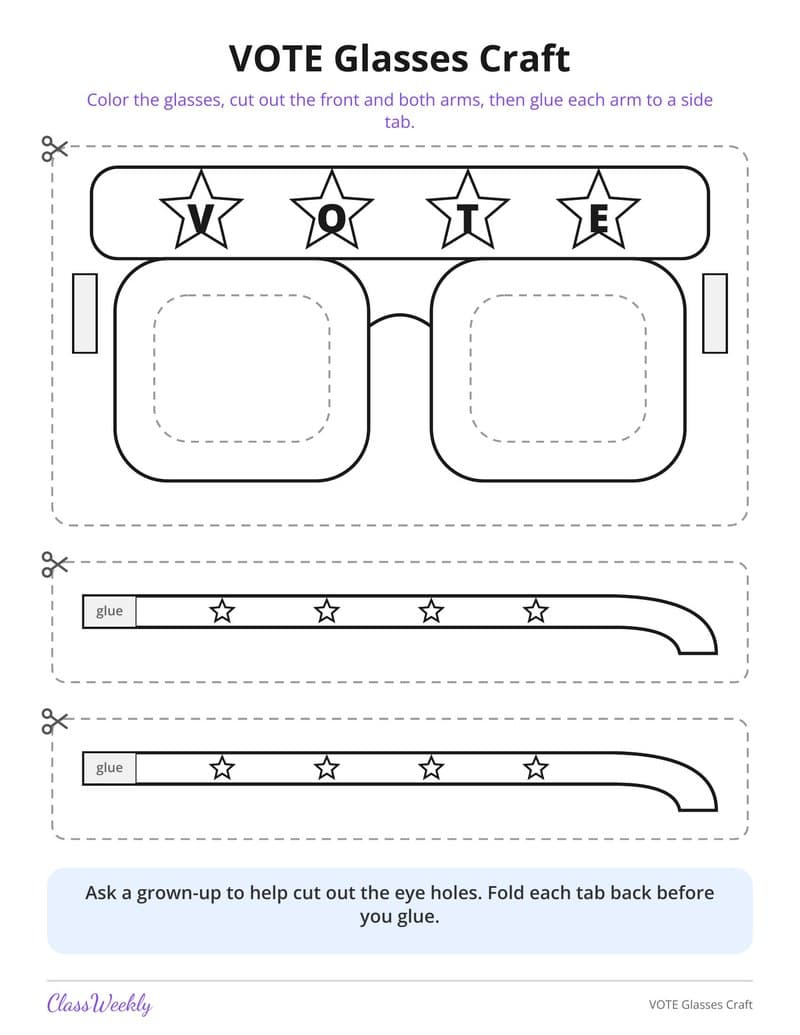VOTE Glasses Craft - 2nd Grade Holiday Activities printable preview