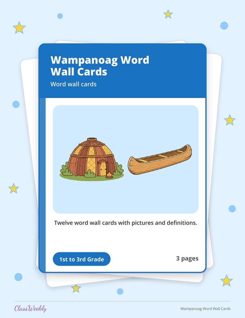 Wampanoag Word Wall Cards - 2nd Grade Holiday Activities printable preview