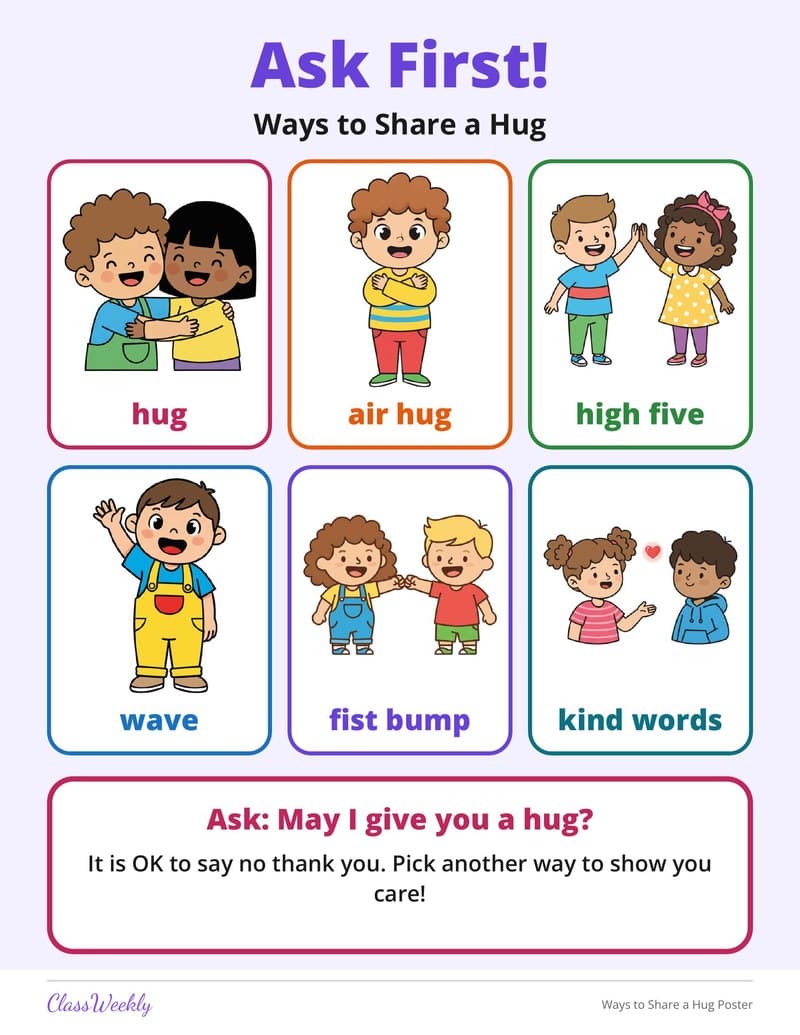 Ways to Share a Hug Poster - 2nd Grade Holiday Activities printable preview