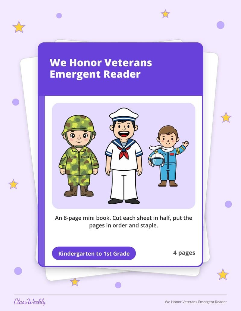 We Honor Veterans Emergent Reader - Kindergarten Holiday Activities printable preview