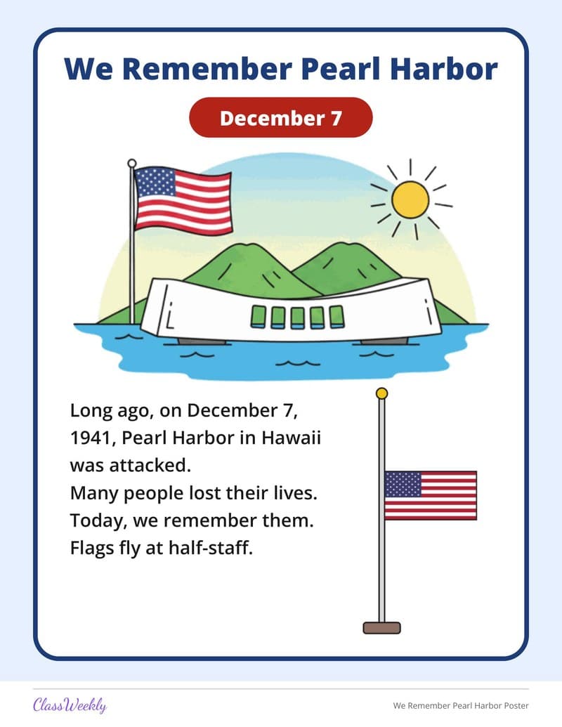We Remember Pearl Harbor Poster - Kindergarten Holiday Activities printable preview