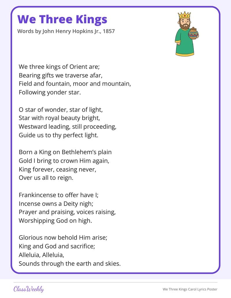 We Three Kings Carol Lyrics Poster - 3rd Grade Holiday Activities printable preview
