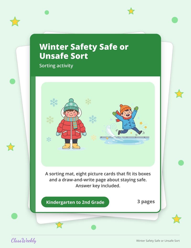 Winter Safety Safe or Unsafe Sort - 2nd Grade Holiday Activities printable preview