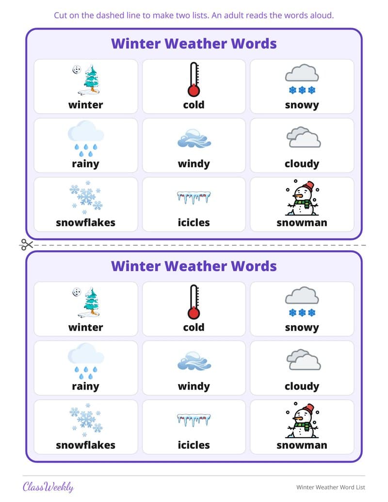 Winter Weather Word List - 2nd Grade Holiday Activities printable preview