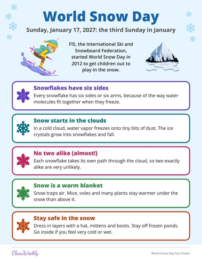 World Snow Day Fact Poster - 3rd Grade Holiday Activities printable preview