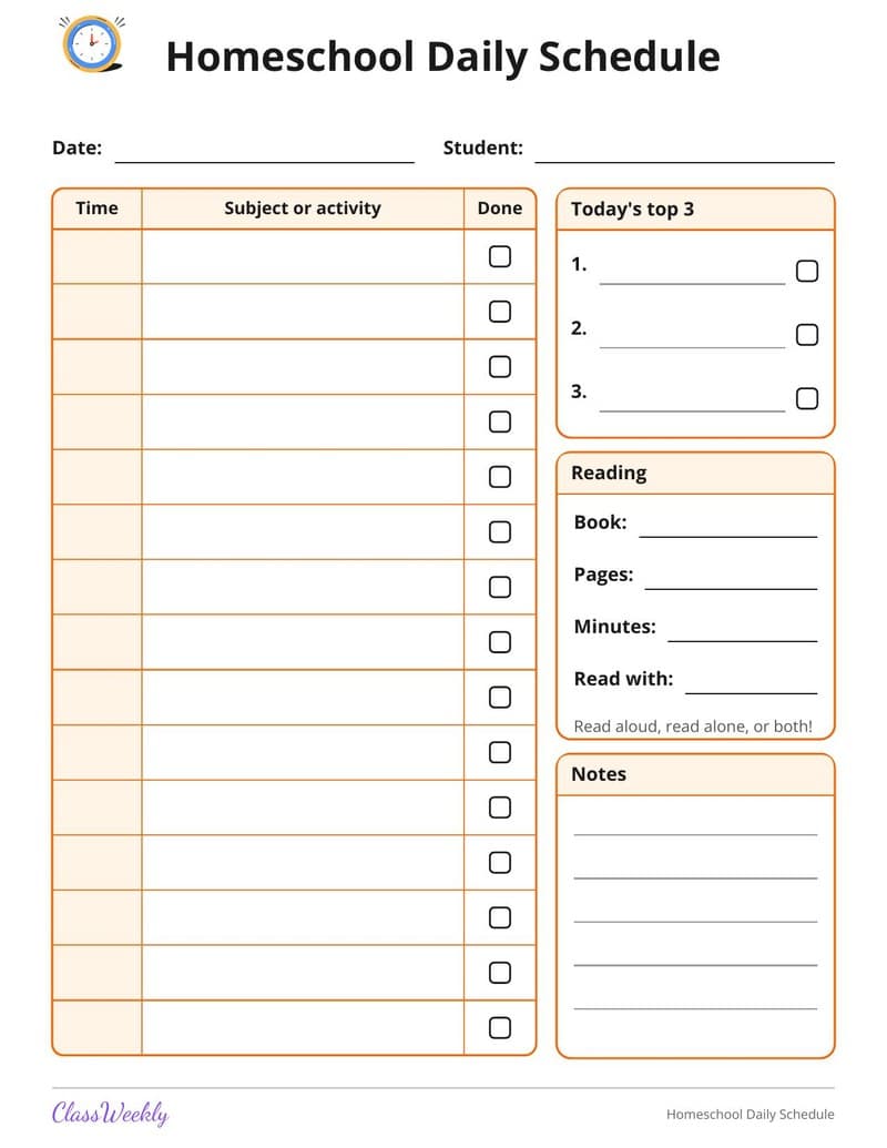Homeschool Daily Schedule - Kindergarten Homeschool Planning printable preview