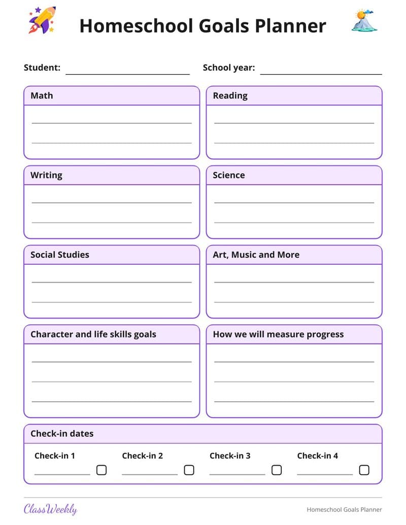 Homeschool Goals Planner - Kindergarten Homeschool Planning worksheet preview
