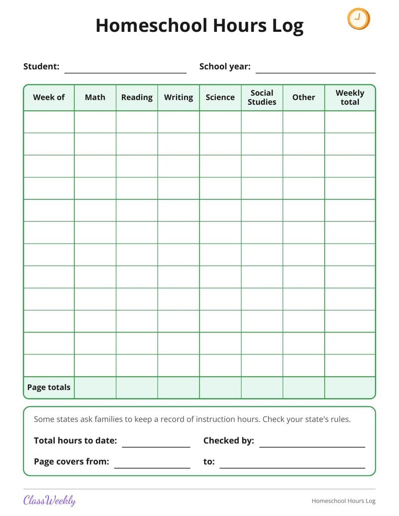 Homeschool Hours Log - Kindergarten Homeschool Planning worksheet preview