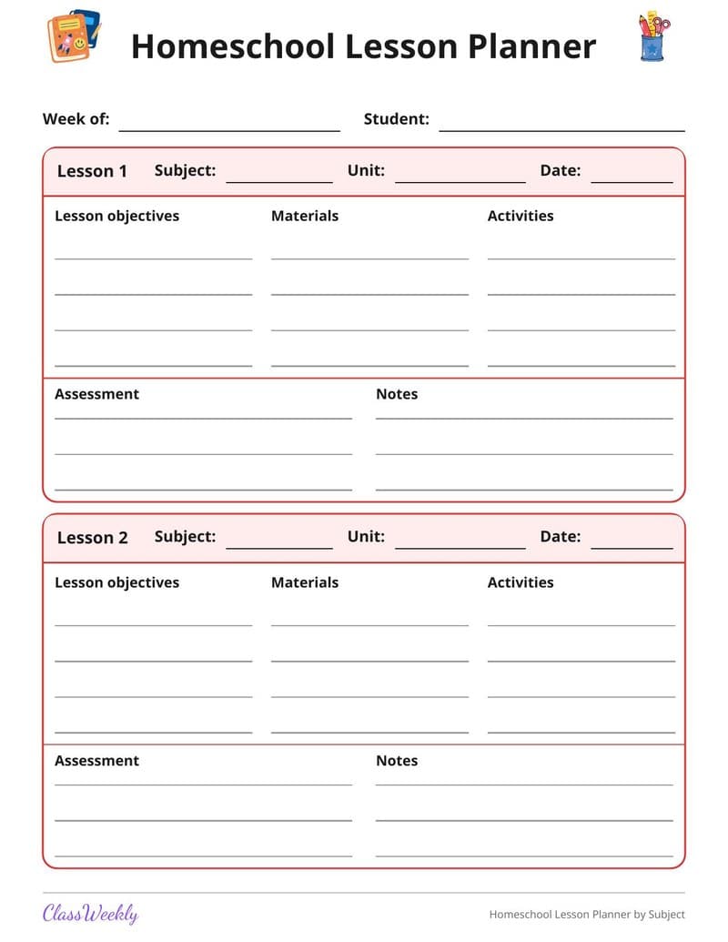Homeschool Lesson Planner by Subject - 5th Grade Homeschool Planning worksheet preview