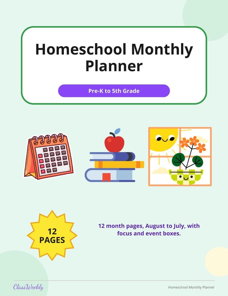 Homeschool Monthly Planner - 1st Grade Homeschool Planning worksheet preview