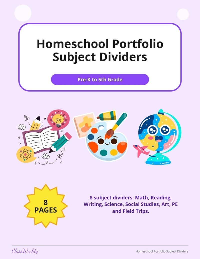 Homeschool Portfolio Subject Dividers - Kindergarten Homeschool Planning worksheet preview