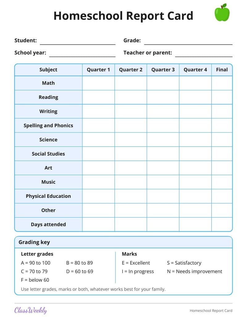Homeschool Report Card - Kindergarten Homeschool Planning worksheet preview