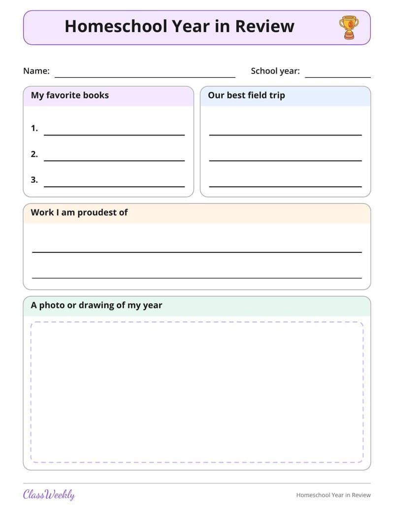 Homeschool Year in Review - Kindergarten Homeschool Planning worksheet preview