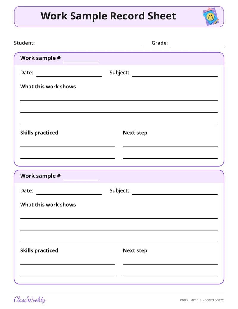 Work Sample Record Sheet - Kindergarten Homeschool Planning worksheet preview