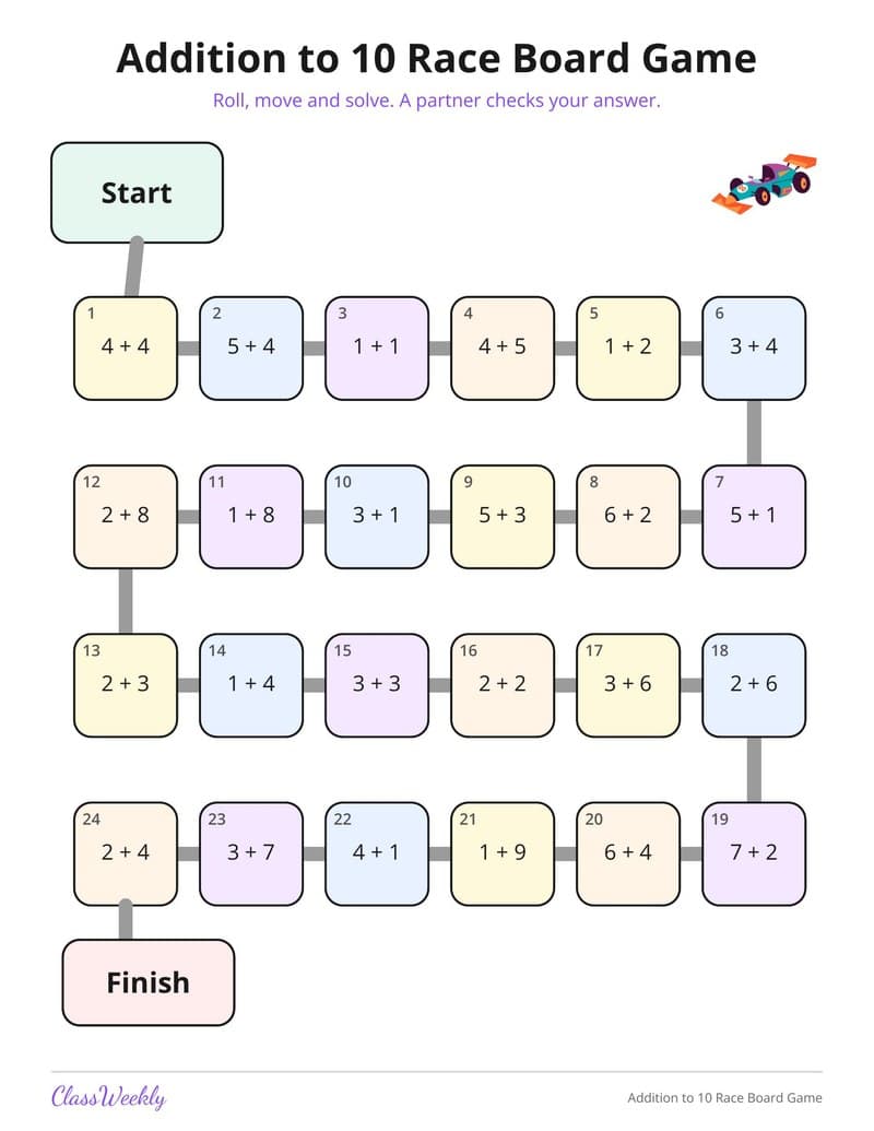 Addition to 10 Race Board Game - Kindergarten Learning Games printable preview