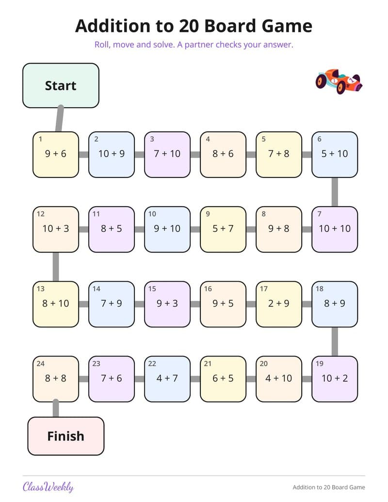 Addition to 20 Board Game - Kindergarten Learning Games printable preview
