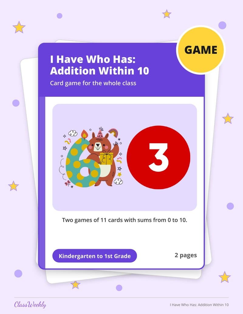 I Have Who Has: Addition Within 10 - Kindergarten Learning Games printable preview