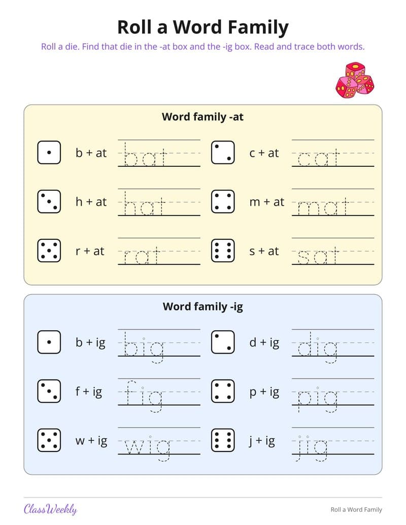 Roll a Word Family - Kindergarten Learning Games printable preview