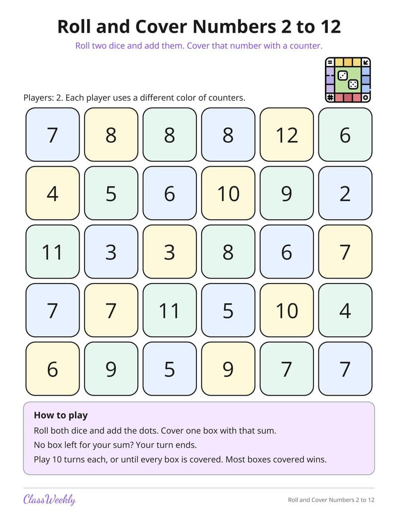 Roll and Cover Numbers 2 to 12 - Kindergarten Learning Games printable preview