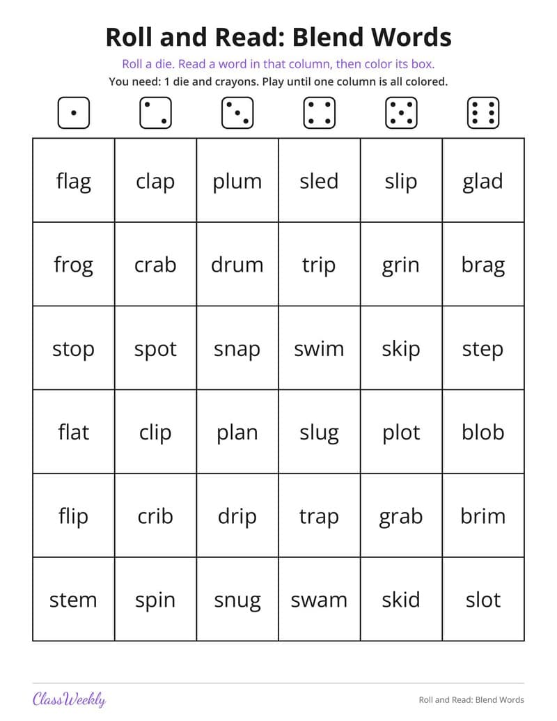 Roll and Read: Blend Words - Kindergarten Learning Games printable preview