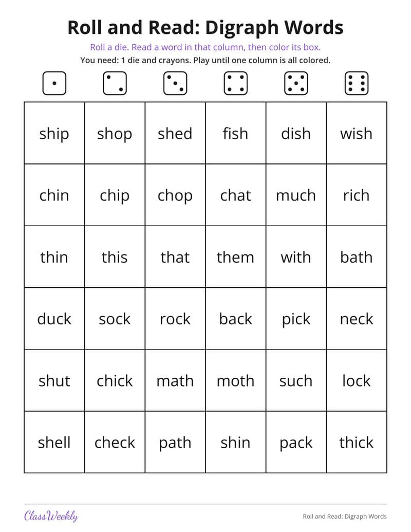 Roll and Read: Digraph Words - Kindergarten Learning Games printable preview