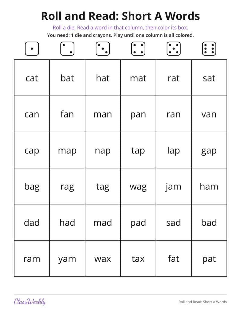 Roll and Read: Short A Words - Kindergarten Learning Games printable preview