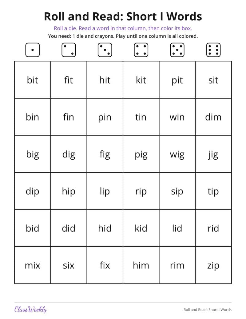 Roll and Read: Short I Words - Kindergarten Learning Games printable preview