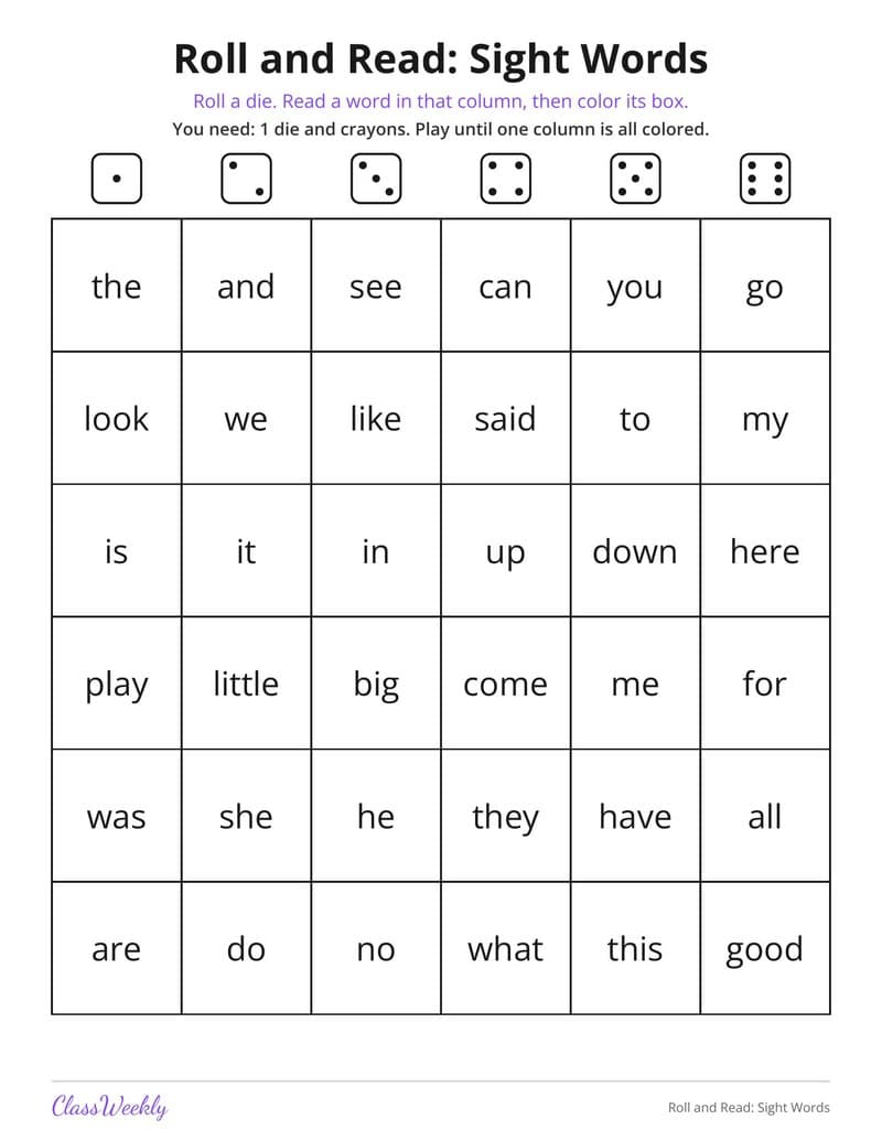 Roll and Read: Sight Words - Kindergarten Learning Games printable preview