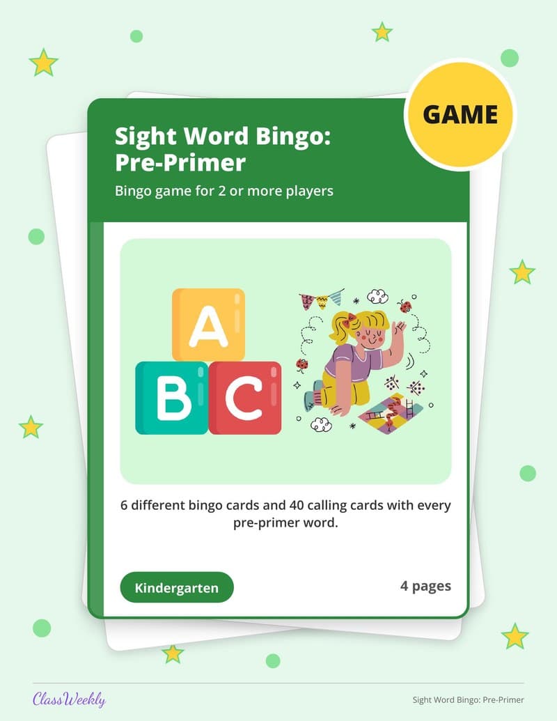 Sight Word Bingo: Pre-Primer - Kindergarten Learning Games printable preview